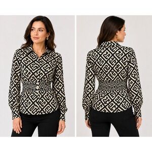 Sweet Rain‎ Geometric Greek Key Smocked Waist Button Down Blouse Tan Black M